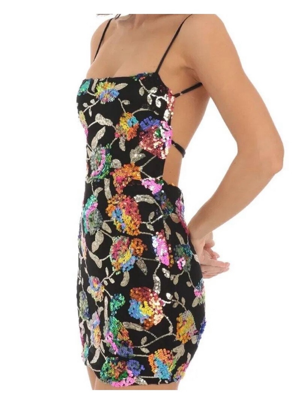 Lucy in the Sky Black Sequin Floral Mini Dress with Multicolor Embroidery - Picture 2 of 4